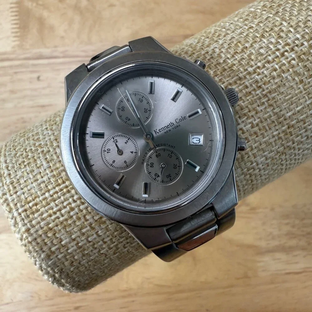 Kenneth Cole Mens Stainless Steel Chronograph Watch Silver Needs Battery